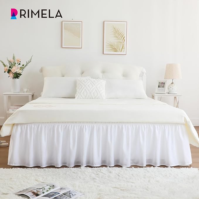 RIMELA Bed Skirt King Size White Bed Skirt 25 Inch Drop, Wrap Around Elastic Adjustable Bedskirt, Dust Ruffle for Bed Frame & Box Spring Soft Durable Fabric Machine Washable Easy to Install
