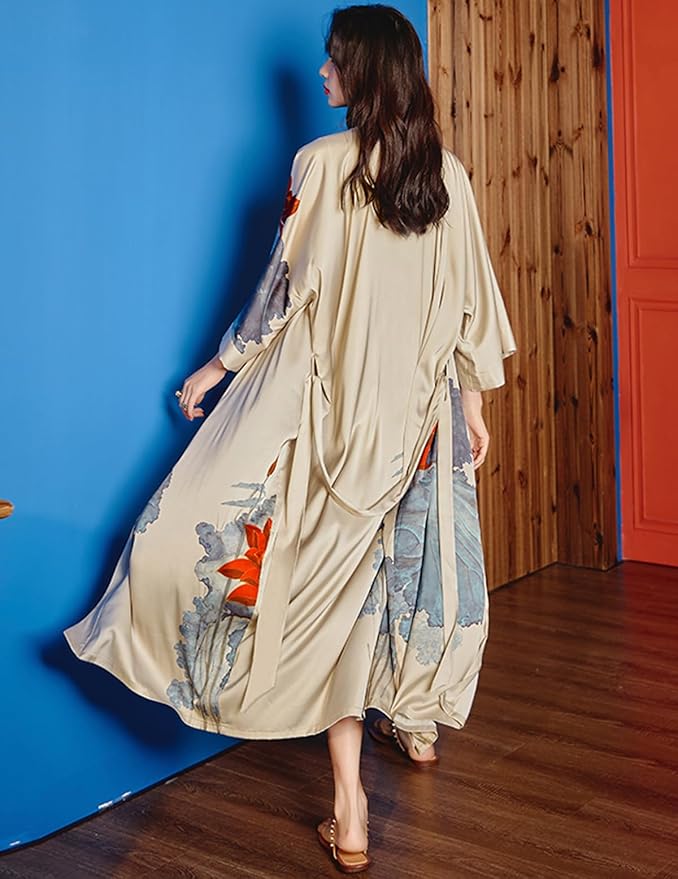 Silk Satin Robe for Women Long Japanese Kimono Robe Lightweight Soft Bathrobe Floral Luxury Dressing Gown