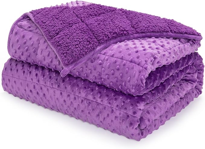 Minky Dot Weighted Blanket for Adults Twin Size 15 lbs, Warm Sherpa Snuggle Heavy Blanket for Autumn Winter with Glass Beads, Great for Stress Relief and Sleep Promotion, Purple 48 x 72 inches