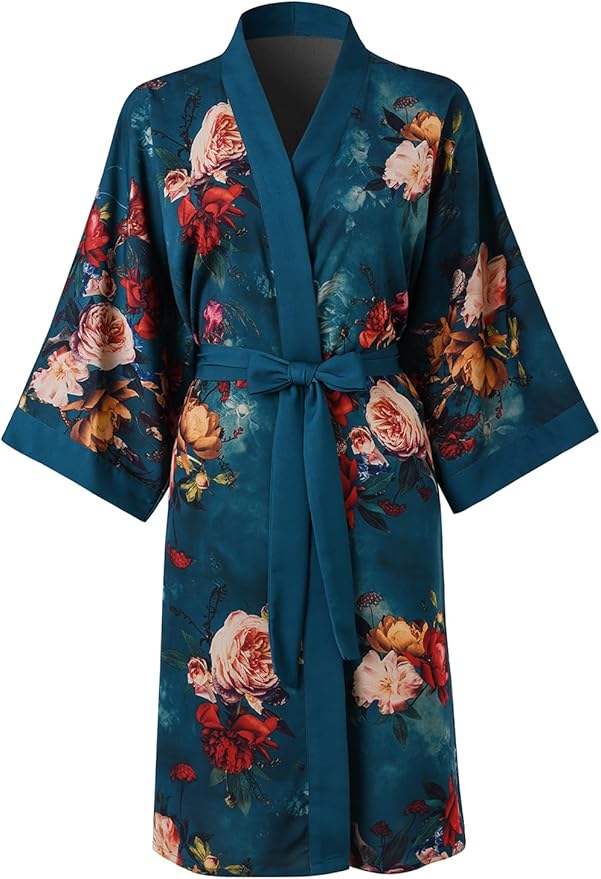 Ledamon Women's Kimono Short Robe for Women - Pocket Floral Bathrobe Nightgown