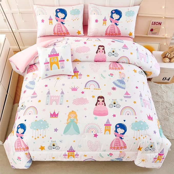 ANGIYUIN Princess Fairy Tales Bedding Set Queen Cartoon Rainbow Love Kids Bed in A Bag with Sheets Cute and Soft Bedding Comforter Set for All Season(Princess, Rainbow, Castel, White)