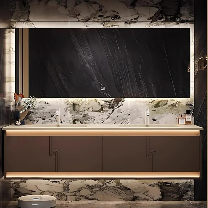 62IN Bathroom Vanity Set with Sink, Smart Defogging Vanity Mirror with 2 Light Strips | with Motion Sensing Light Strips, Bathroom Double Vanities with Sink Includes 2 Drawers (Mirror)