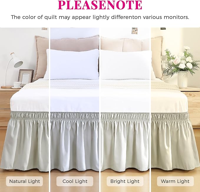 RIMELA Light Grey Bed Skirt King Size 15 Inch Drop, Wrap Around Elastic Bedskirt, Dust Ruffle for Adjustable Bed Base Machine Washable Easy to Install Bed Skirts