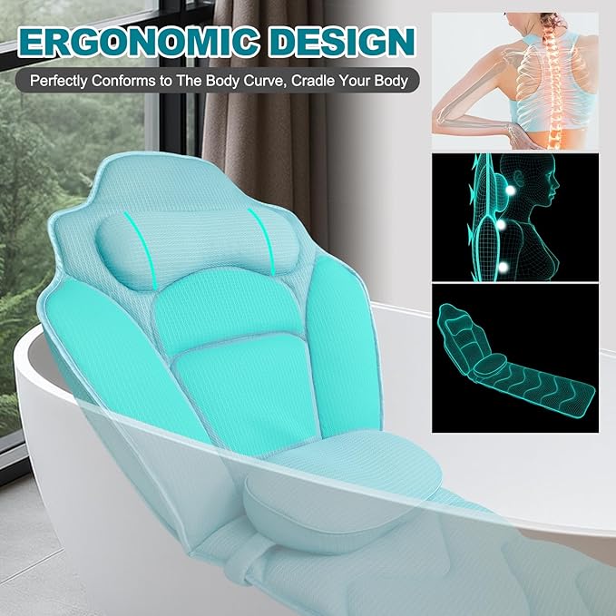 Full Body Bath Pillow for Bathtub - Extra Long 61’’ Bath Pillows for Tub, Ergonomic 4D Air Mesh Tub Pillow with Head, Neck & Lumbar Support, Bathtub Pillow Spa Cushion with Non-Slip Suction Cups