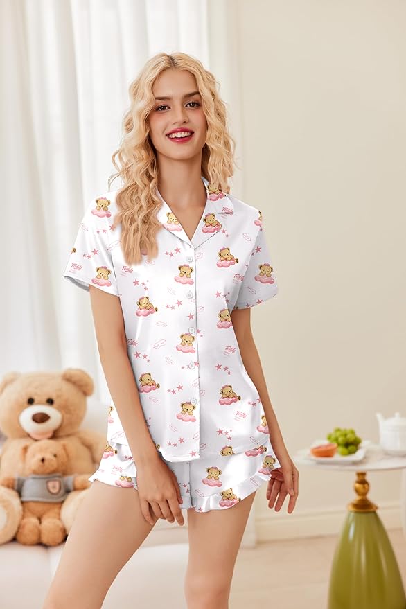 Ekouaer Womens Satin Pajamas Set Button Down 2 Piece Silk Pjs Shorts Set Ruffle Lingerie Notch Collar Sleepwear