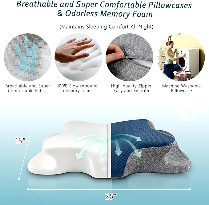 Cervical Neck Pillow for Pain Relief Sleeping, Contour Memory Foam Pillow, Ergonomic Side Sleeper Pillow for Adults, Cooling Orthopedic Neck Support Pillow for Back Stomach Sleepers