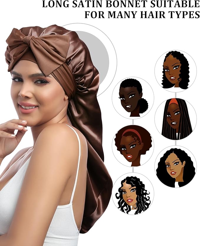 AWAYTR Long Satin Bonnet for Sleeping - Double Layer Reversible Silk Bonnet for Long Hair Women Sleeping Cap with Tie Band