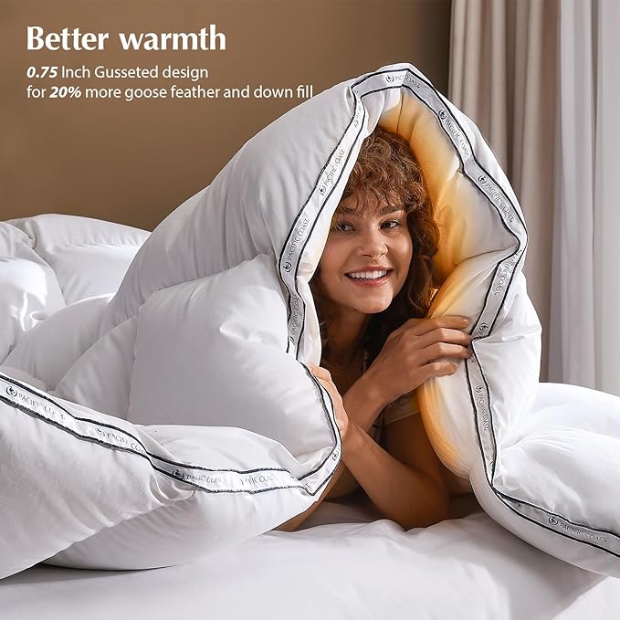 Pacific Coast Goose Feather Down Fiber Comforters Twin Size, Heavyweight Thickened Winter Duvet Insert, Ultra-Soft, Fluffy, Breathable, Hotel Luxury Bedding Comforters, 8 Tabs, 68"x90"