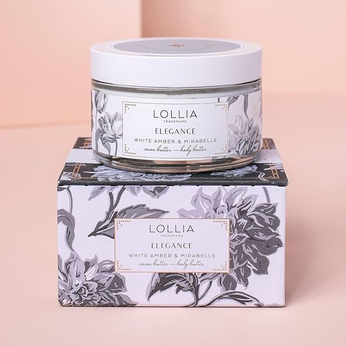 LOLLIA Elegance Body Butter, 5.5 oz. – White Amber & Mirabelle - Shea Butter & Cocoa Butter, Body Lotion for Women, Hydrating & Smooth Body Moisturizer