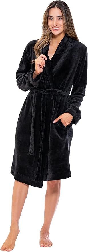 Turquaz Robes For Women, Womens Fleece Shawl Collar Soft Plush Knee Length Spa Robe