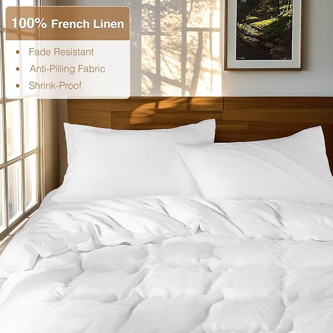 SONORO KATE 100% French Linen Duvet Cover King Size, Soft Breathable for Hot Sleepers, Moisture Wicking & Durable Cover Set - Zipper Closure & 4 Corner Ties Duvet Covers 3 Piece (White,King)