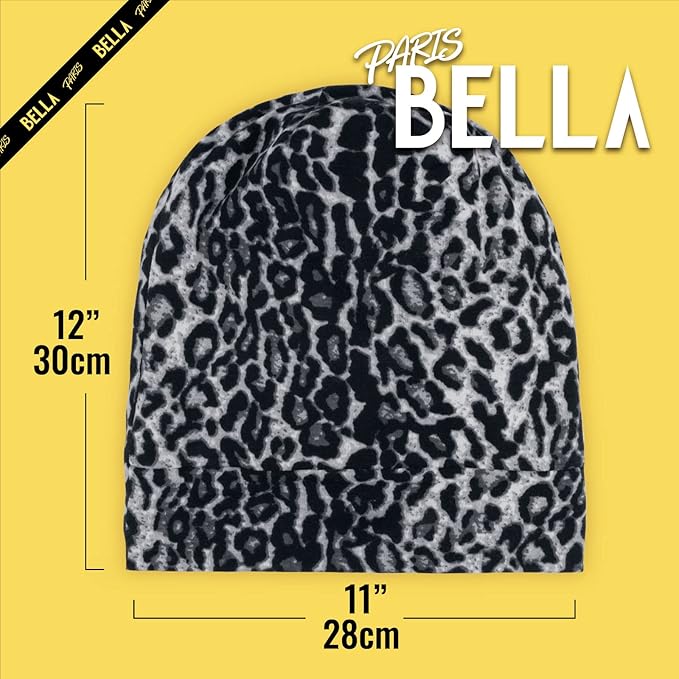 Satin Bonnet for Curly Hair and Braids, Night Cap with Adjustable Strap for Women and Men, Black and Black Leopard, Pack of 2