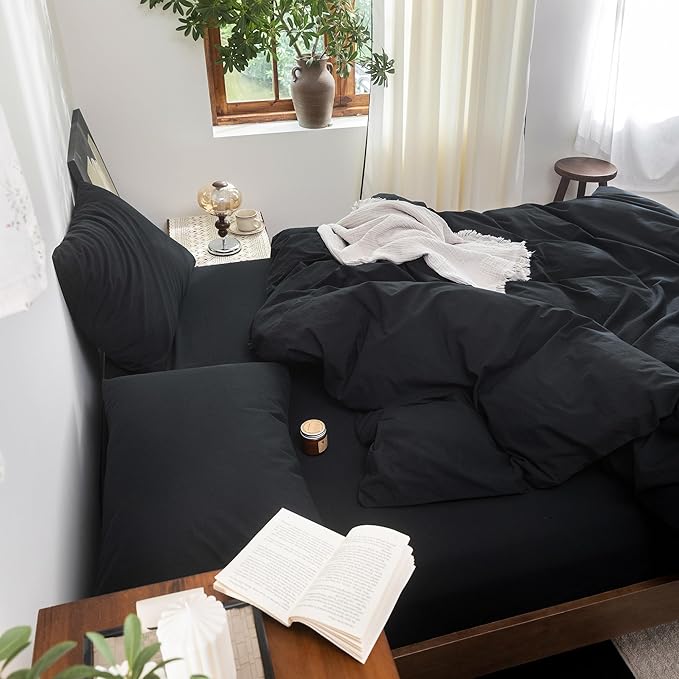 FOSSA Duvet Cover Set 100% Washed Cotton Linen Feel Super Soft Breathable Cozy 3 Pieces Bedding Sets Solid Black Queen