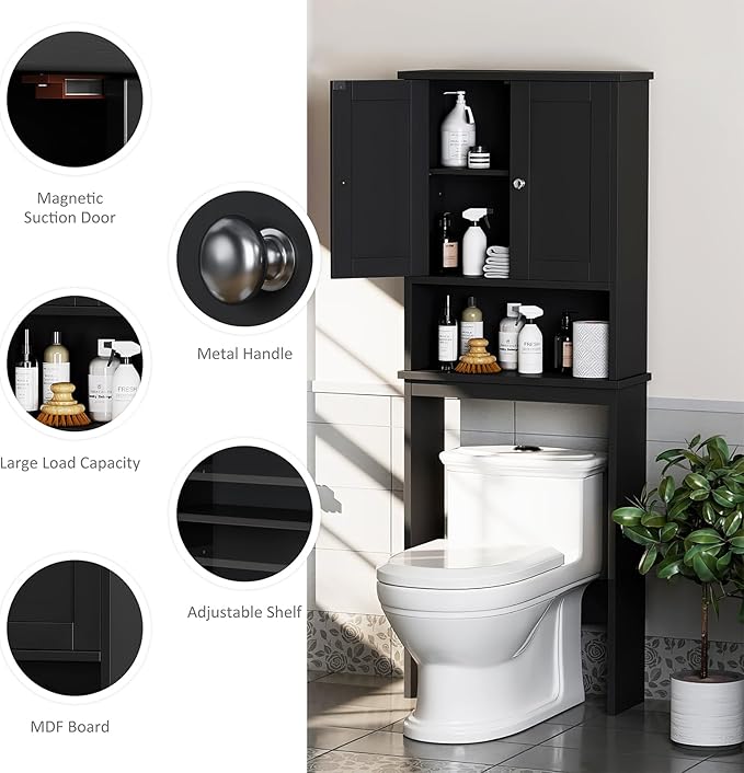 Meilocar Over The Toilet Storage Cabinet for Bathroom, Black Bathroom Over Toilet Cabinet Freestanding Storage Organizer, Space Saver with Doors and Adjustable Shelf, Black
