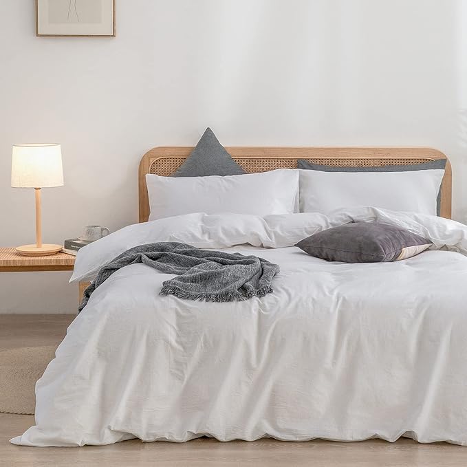 BESTOUCH Duvet Cover Set 100% Washed Cotton Linen Feel Super Soft Comfortable Chic Lightweight 3 PCs Home Bedding Set Solid Bright White Oversized King