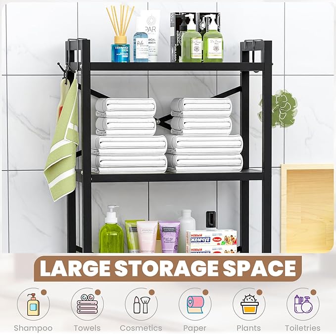 ZZL Over The Toilet Storage,3-Tier,Bathroom Toilet Organizer,Multifunctional Space Saver Freestanding Bathroom Shelves with 4 Hooks,Black