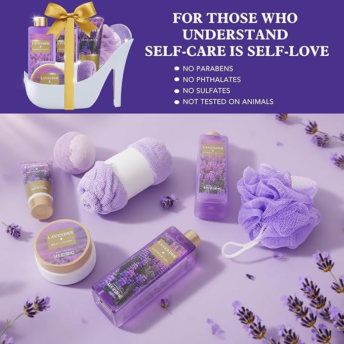 Christmas Gifts For Women, Spa Gift Basket for Women– 9 Piece Set of Lavender Home Spa Set, Bath Gift Set, with Shower Gel, Shea Butter and Body Lotion, Anniversary Basket Gifts for Mom, Wife