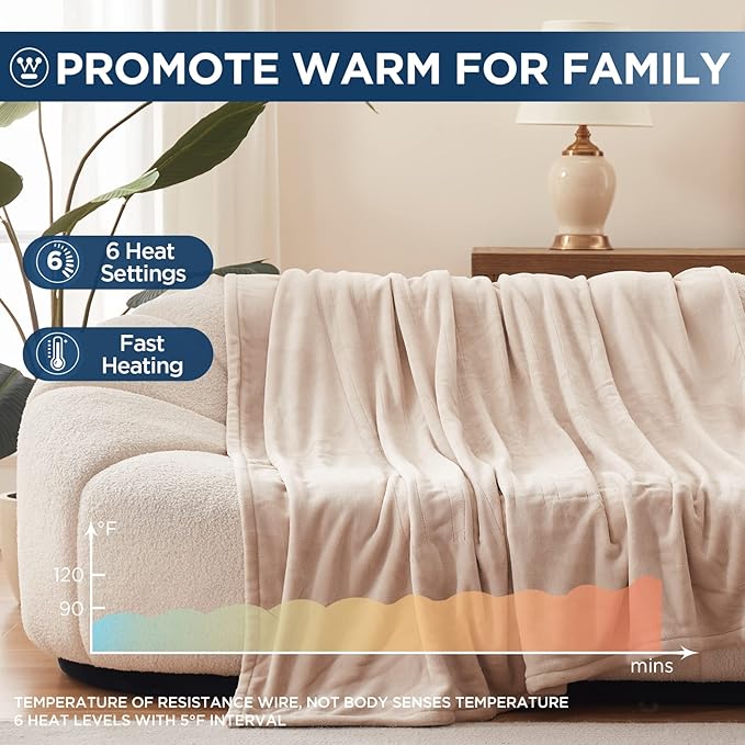Westinghouse Electric Blanket Heated Throw, Super Cozy Soft Flannel 50"" x 60"" Heated Throw with 6 Fast Heating Levels & 2-10 Auto-Off, Machine Washable, ETL&FCC Certification, Home Office Use, Beige
