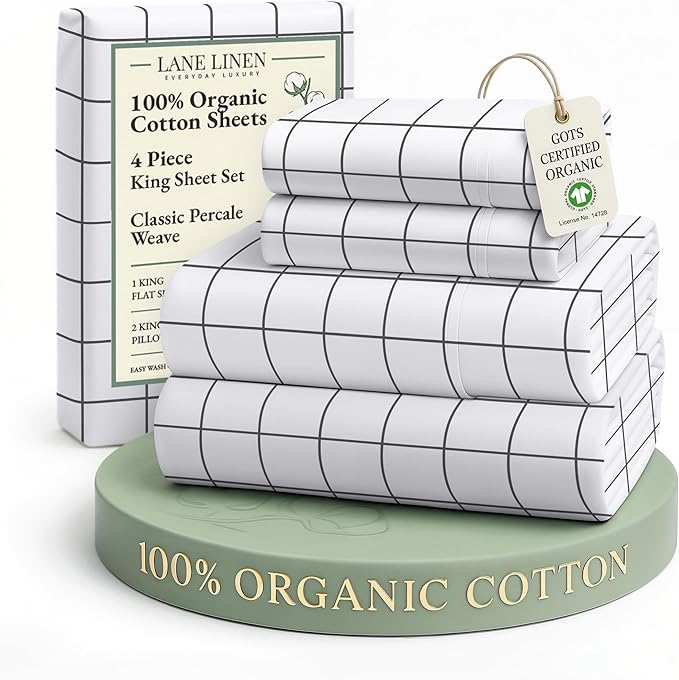 LANE LINEN 100% Organic Cotton King Size Sheets Set, Soft Breathable Sheets Percale Weave, All Season Machine Washable Hotel-Quality Mercerized Fully Elasticized Printed King Sheet Set - Windowpane