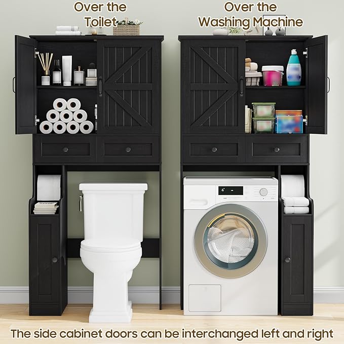 Over The Toilet Storage Cabinet, Storage Cabinet Over Toilet with Double Doors & Toilet Paper Holder Stand, Freestanding Toilet Shelf Space Saver with Anti-Tip Design & Adjustable Shelf, Black