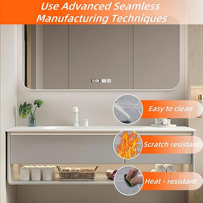 68IN Grey Bathroom Vanity Set - Floating Bathroom Vanity with Single Sink | Including LED Smart Defogging Mirror Cabinet & Time Display Function, Equipped with Motion Sensing Light Strip (Style A)