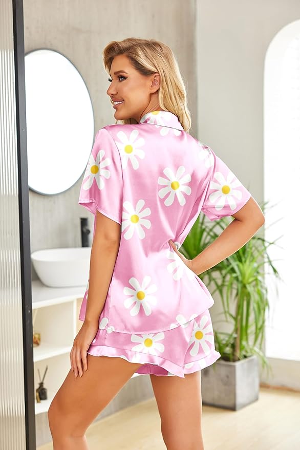 HOTOUCH Womens Satin Pajamas Set Button Down 2 Piece Silk Pjs Shorts Set Ruffle Lingerie Notch Collar Sleepwear