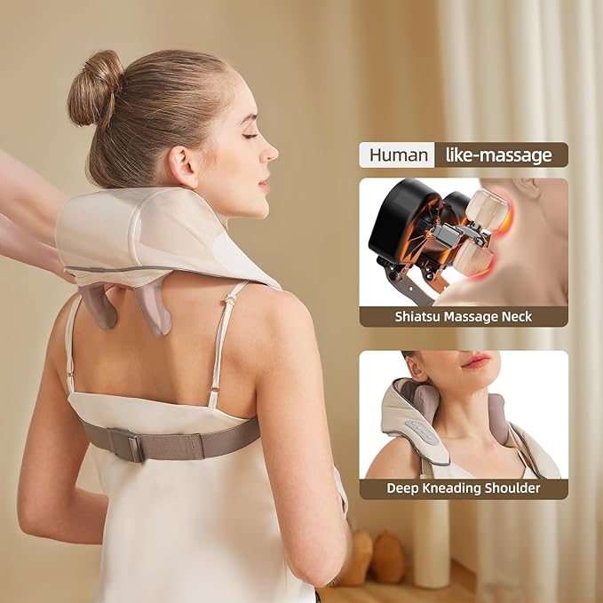 Neck Massager with Heat, Cordless Neck and Shoulder Massage, Rechargeable Shiatsu 6D Kneading Massager for Pain Relief Deep Tissue, Gift for Mom&Dad (Light Beige)