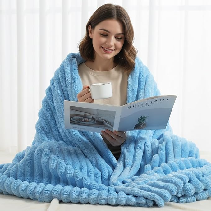 decorUhome Christmas Soft Fleece Blue Blanket Queen Size for Bed, Cozy Fluffy Plush Flannel Large Striped Throws for Couch Sofa, Lightweight Decorative Fuzzy Blanket for Woman, 90x90 Inches