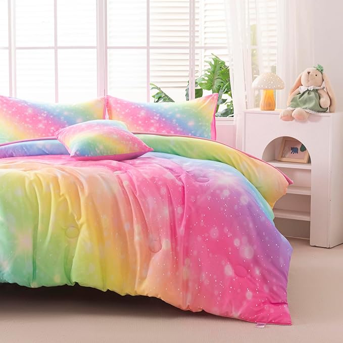 4Pcs Full Size Comforter Set for Girls Kids, Gradient Colorful Rainbow Girls Bedding Set Full with Sheets, Soft & Breathable Kids Bed for Gift Bedroom Decor