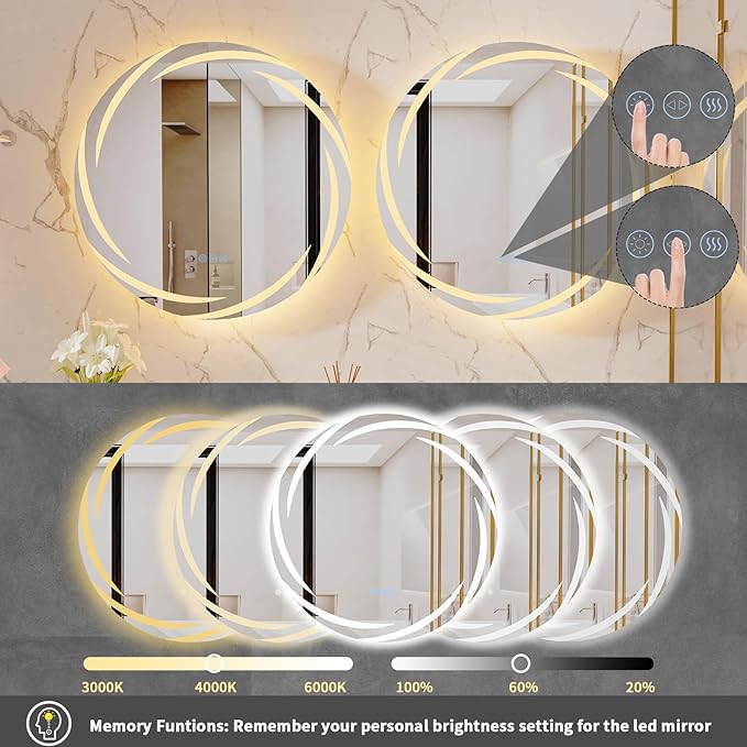 LUVODI Round LED Bathroom Mirror: 32” Circle Wall Mounted Large Lighted Makeup Mirror with 3 Color Bright Backlit - Smart Anti Fog Dimmable Vanity Mirror with Touch Switch for Restroom Toilet Hallway