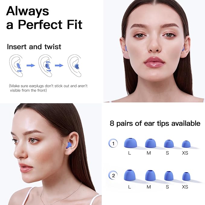 Ear Plugs for Sleeping 45dB Reusable Noise Cancelling Ear Plugs for Snoring, Concerts, Travel, Focus, Noise Reduction Earplugs with 8 Comfort-Fit Tips High-Fidelity Hearing Protection Ear Plug Blue