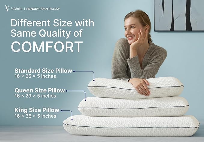 Vaverto Queen Memory Foam Pillow 2-Pack – Cooling Gel-Infused Orthopedic Bed Pillows for Neck and Shoulder Pain Relief, Firm Support Design with Removable Viscose Made from Bamboo Covers – Set of 2