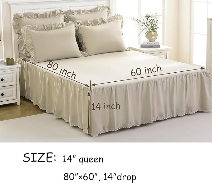 Queen Size 14 inch Drop Ivory Dust Ruffle, 100% Lightweight Cotton Ruffled Bed Skirt, French Coutry Style, Lace Ruffled Bed Skirt with Split Corners