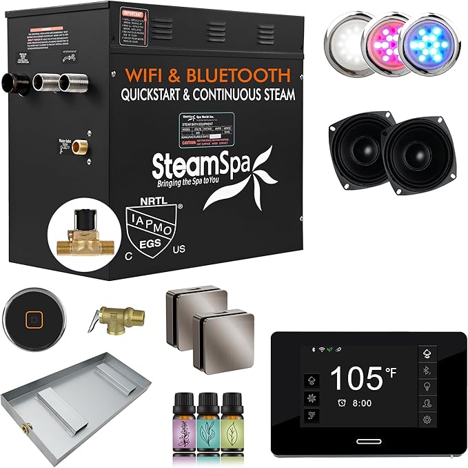 SteamSpa Steam System 10.5kW Steam Shower Generator with Bluetooth Wifi, Quickstart Continous Steam, Advanced Touch Pad Screen, Chroma Lights, Drain Pan and Auto Drain Brushed Nickel RVBS1050BN-A