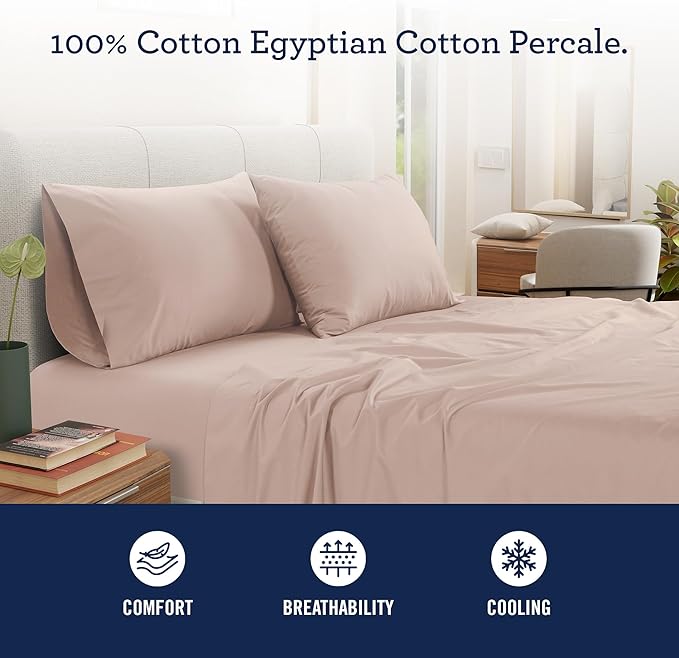 IZOD 100% Egyptian Cotton Sheets Set Full Size, Cotton Percale Crisp Sheet Set 4Pc, Lightweight & Deep Pocket fits Upto 17", Long-Staple Soft Combed, Hotel Style Luxury Bedding Sheet - Blush Rose