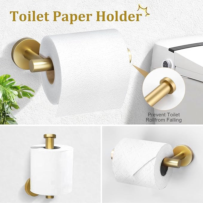 Brushed Gold Bathroom Accessories Set - 2 Piece Wall Mounted Toilet Paper Holder & Hand Towel Ring, Durable Stainless Steel with Brass Finish, Rustproof Bathroom Hardware Installation Kit