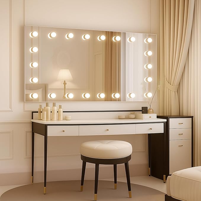 WTTY LED Bathroom Mirror with Lights 55"x36" Hollywood Wall-Mounted Mirror with 3 Color Temperatures, Stepless Dimmable Bulbs, Anti-Fog & Shatter-Proof