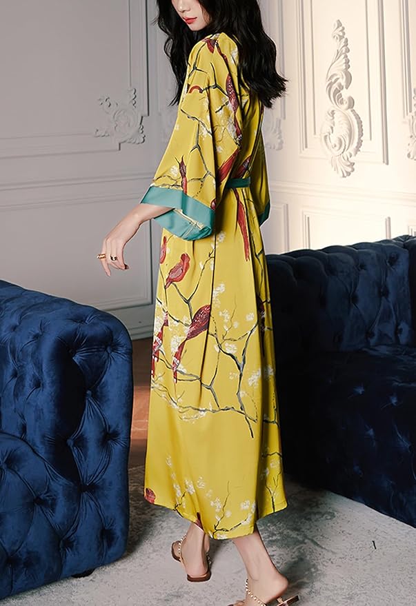 Silk Satin Robe for Women Long Japanese Kimono Robe Lightweight Soft Bathrobe Floral Luxury Dressing Gown