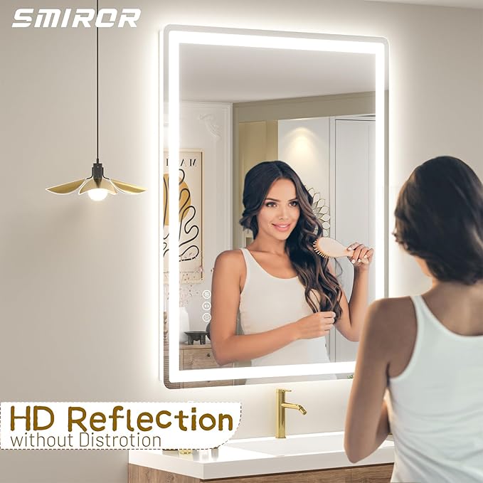 SMIROR LED Bathroom Mirror with Lights 44"x 36", Rounded Rectangle Lighted Vanity Mirror for Wall, Front Lit and Backlit, 3 Colors, Dimmable, Anti-Fog, Tempered Glass (Horizontally/Vertically)