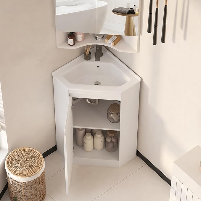 24"Corner Bathroom Vanity Sink Combo for Small Space,Freestanding Storage Cabinet with Sink,Soft-Close Function,Modern Wall Mount Sink Vanity (No Faucet)