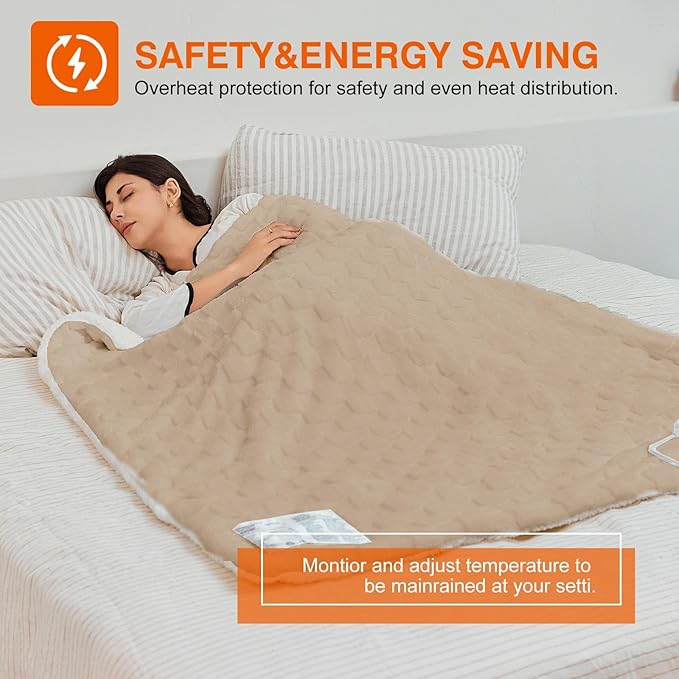 Heated Blanket with 6 Heating Levels 10 Hours Time Setings and Auto-Shut Off, Soft Checked Flannel Fast-Heating Electric Blanket (Khaki, 90"X100")