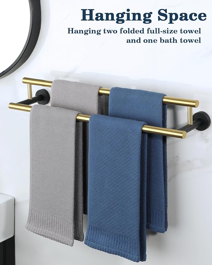 Alise Double Bath Towel Bars,24 Inch Towel Racks for Bathroom,SUS304 Stainless Steel Towel Holder,Towel Holder Wall Mount,Toilet Kitchen Towel Rod,Brushed Gold and Black Finish Towel Rail,GYT6902-GB