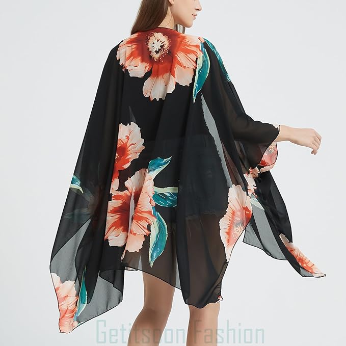 Women's Bohemian Floral Chiffon Beach Cover up Swimsuit Kimono Summer Swimwear Cardigans
