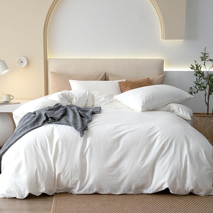JIYUAN 100% Washed Cotton Duvet Cover Set 3 Pieces Super Queen, 1 Duvet Cover 90x98 Inches(Comforter Not Included) and 2 Pillowcases,Linen Feel Bedding Set Comfy and Breathable,Bright White