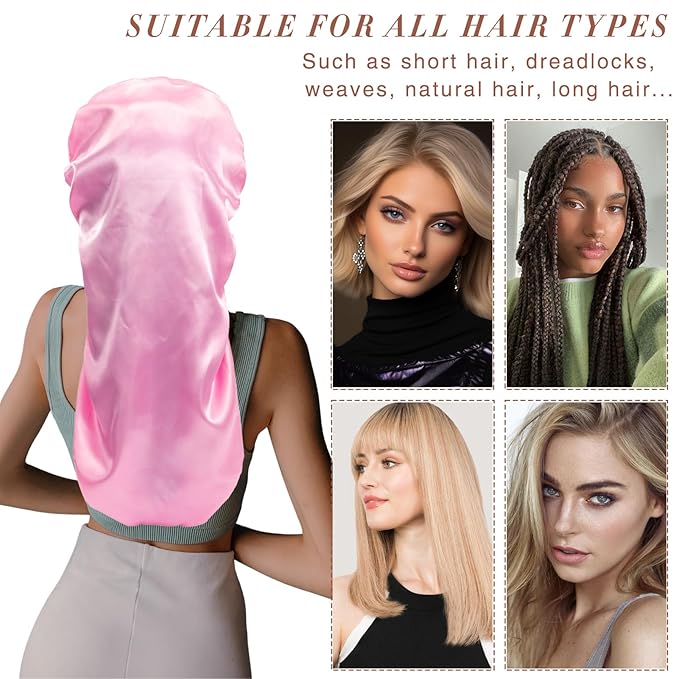 3Pcs Bonnets for Black Women, Large Long Satin Bonnet for Braids With Stretchy Tie Band, Sleep Cap for Long Curly Hair (Brown, Rose Pink, Pink)
