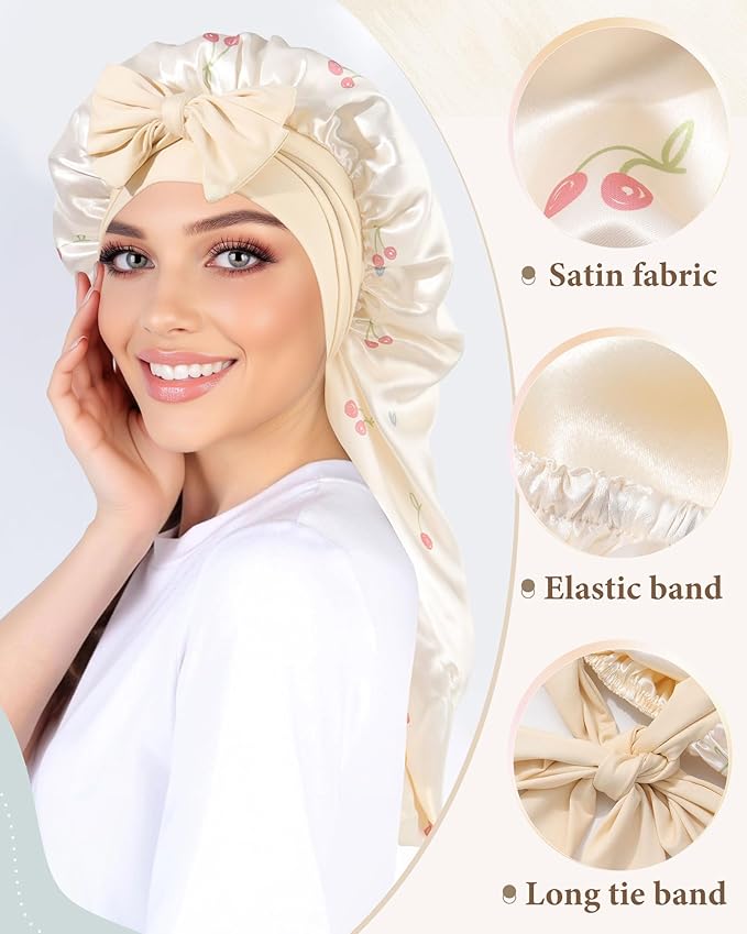 AWAYTR Long Satin Bonnet for Sleeping, Reversible Double Layer Hair Bonnet with Elastic Tie Band (Cherry Print+Beige)