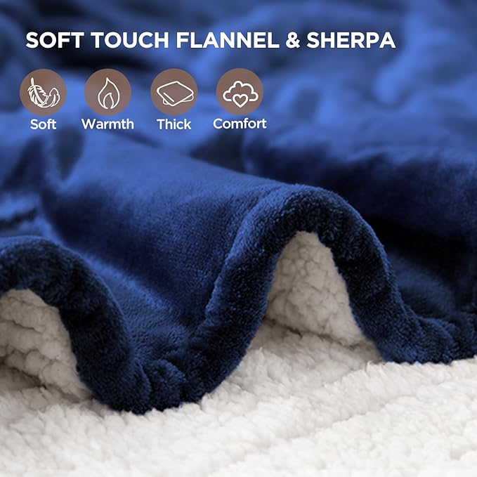 Westinghouse Electric Blanket Heated Throw | 6 Heating Levels & 4 Hours Auto Off | Flannel to Sherpa Reversible 50x60 | Machine Washable, Navy Blue