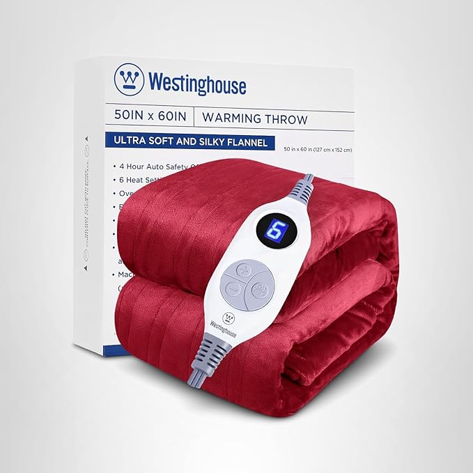 Westinghouse Heated Blanket Throw, Electric Throw with 6 Heating Levels, 2-10 Hours Time Settings, Overheat Protection, Machine Washable, Flannel (Throw, 50x60 Inches, Wine Red)