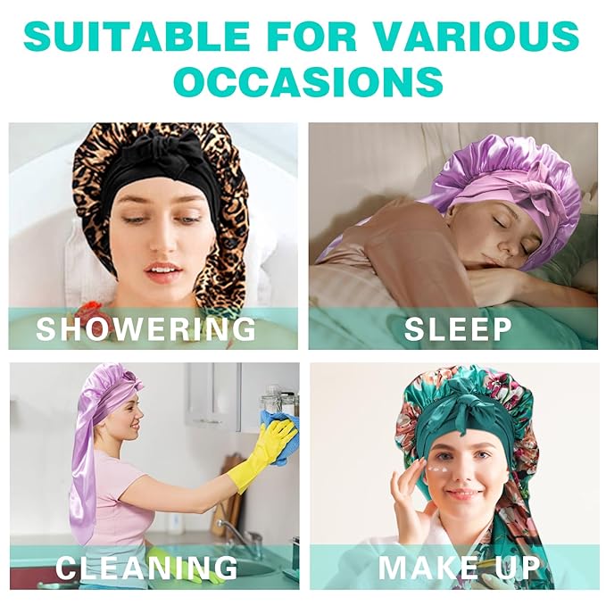 3Pcs Bonnets for Black Women Braids, Long Satin Bonnet with Stretchy Tie Band Sleep Cap for Long Hair (Purple & Leopard & Flower)
