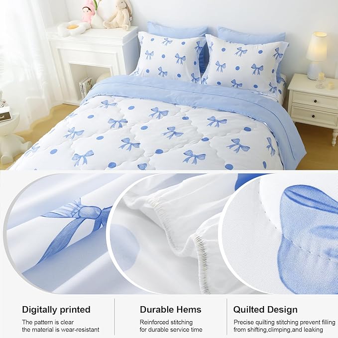 Wajade 7 Piece Blue Bow Comforter Set for Girls Kids Twin Size Bedding Set with Sheet and 2 Pillowcases 2 Pillow Shams Cute Girls Bed in a Bag as Birthday Choice